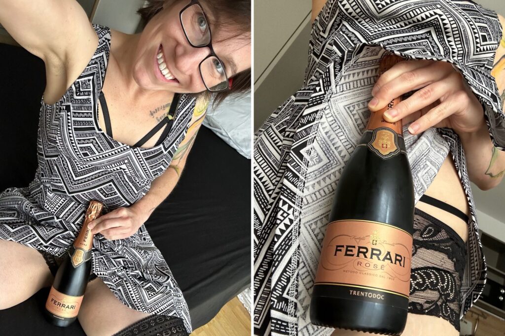 Collage von Jay in einem Kleid mit Champagner Flasche, auf der Ferrari steht