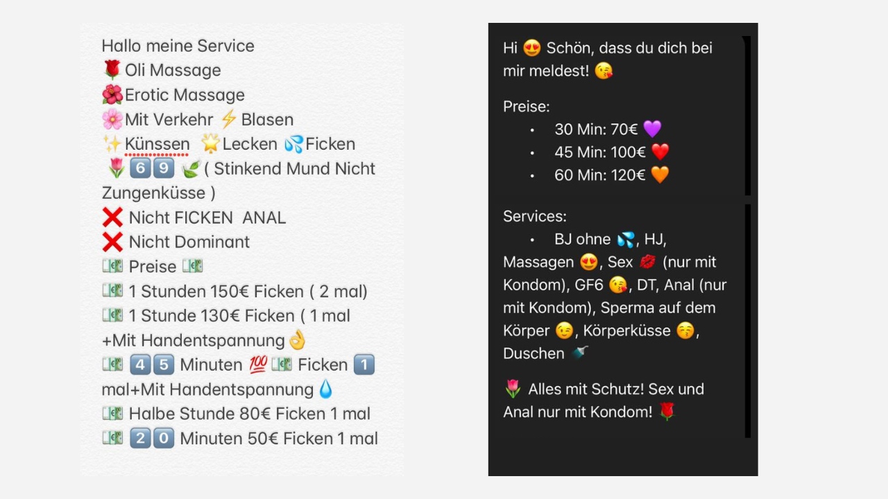 zwei Screenshots von Service- und Preislisten