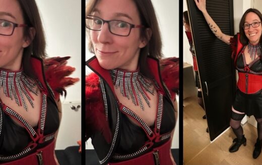 Drei Fotos von Jay in einem schwarz-roten Fetisch Outfit vor ihrer ersten privaten Play Party