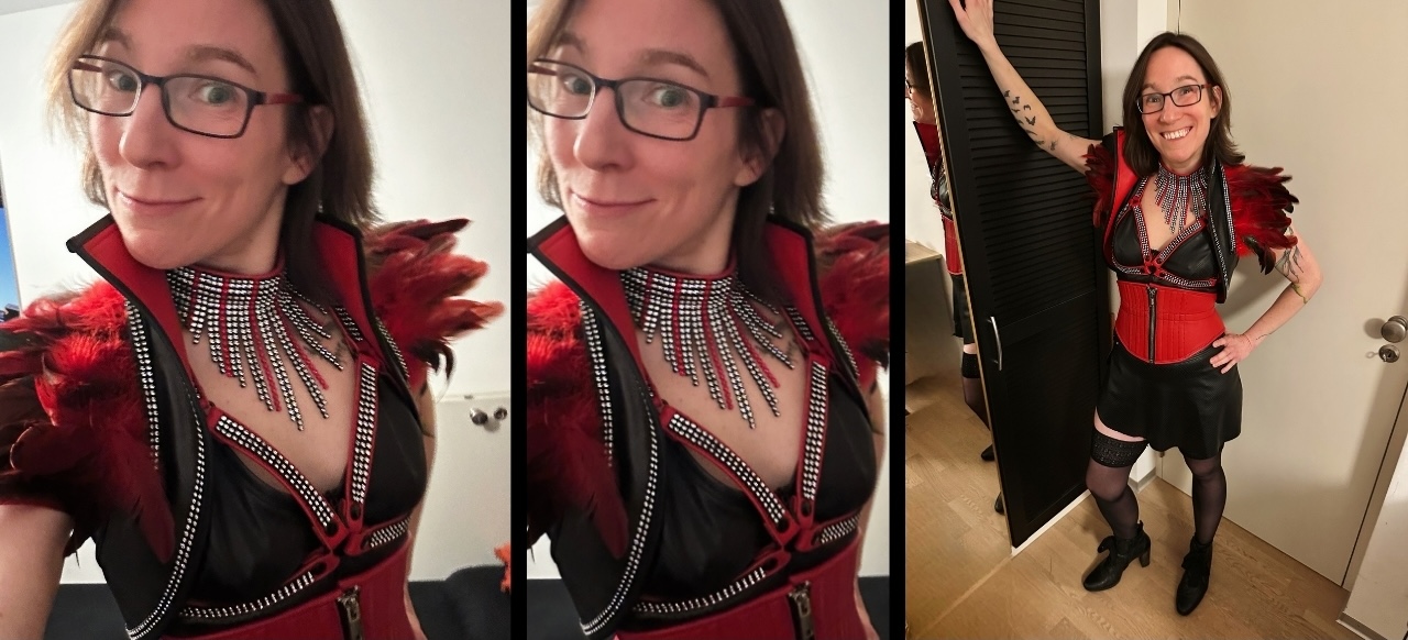 Drei Fotos von Jay in einem schwarz-roten Fetisch Outfit vor ihrer ersten privaten Play Party
