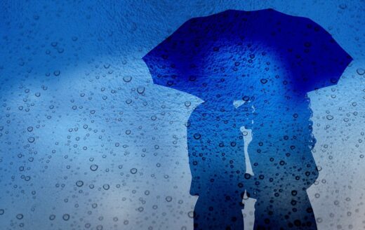 Pärchen im Regen unter Regenschirm, im Comic Stil