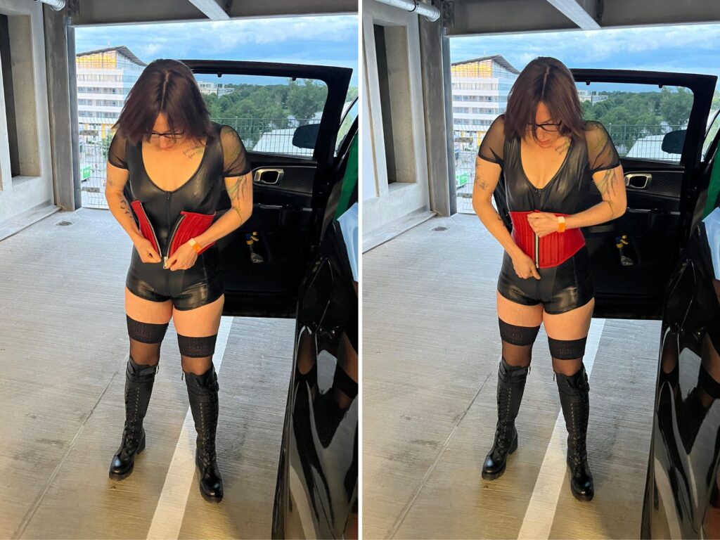 Collage von Fotos von Jay, wie sie versucht eine Lederkorsage anzuziehen auf einem Parkdeck für die BoundCon Party
