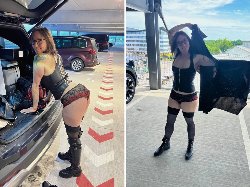 Collage von Fotos von Jay, wie sie sich auf einem Parkdeck für die BoundCon Party umzieht