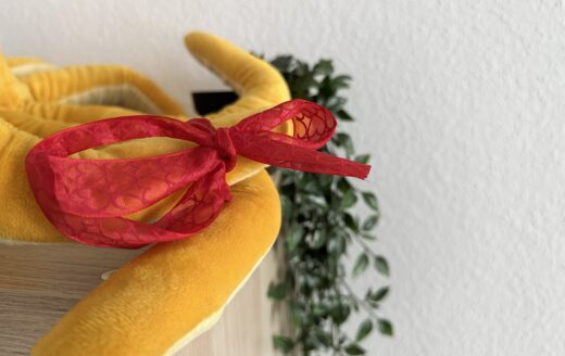 Rote Schleife am Arm eines Plüsch-Oktopusses auf einem Regal.