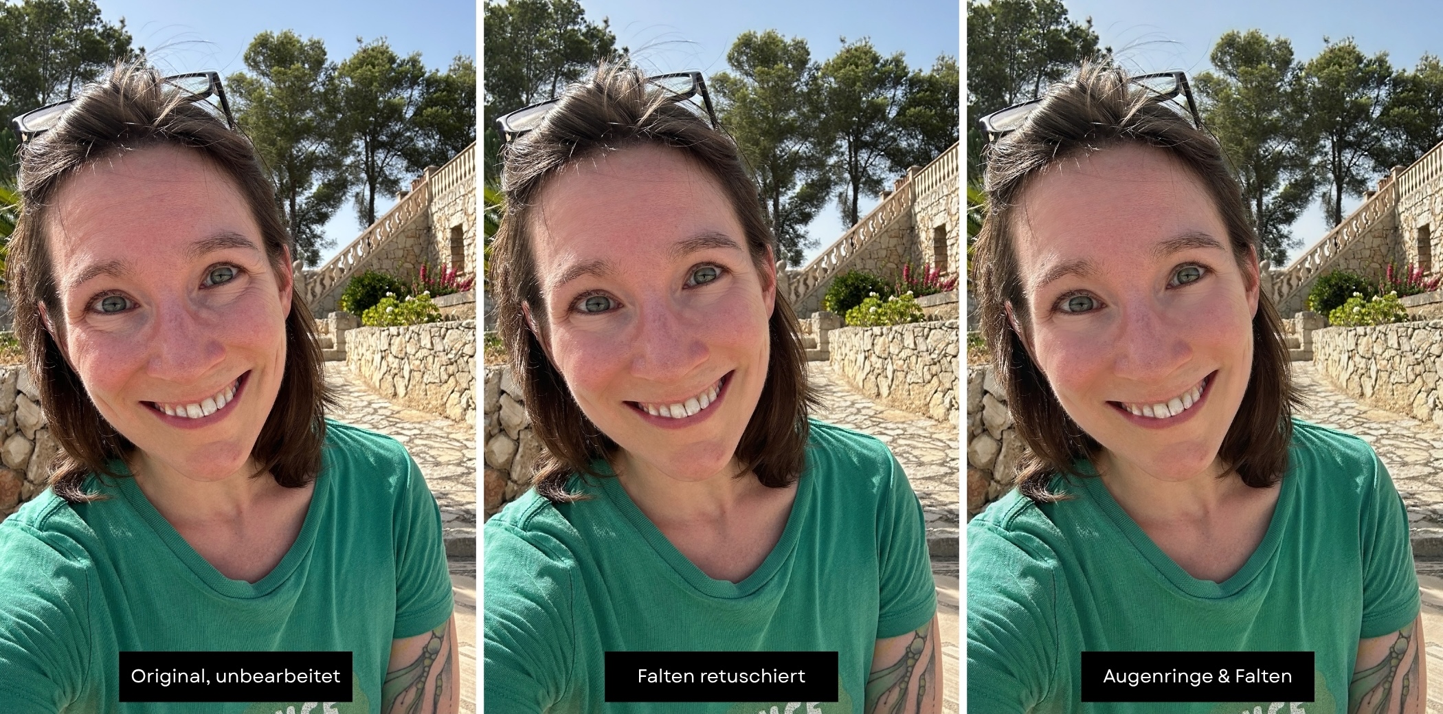 Drei identische Selfies von Jay, jeweils unterschiedlich bearbeitet: Original, Falten retuschiert, dann Falten und Augenringe.