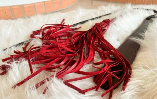 Drei Schlaginstrumente zur Auswahl für die Sklavin: roter Lederflogger, Paddle, Rohrstock.